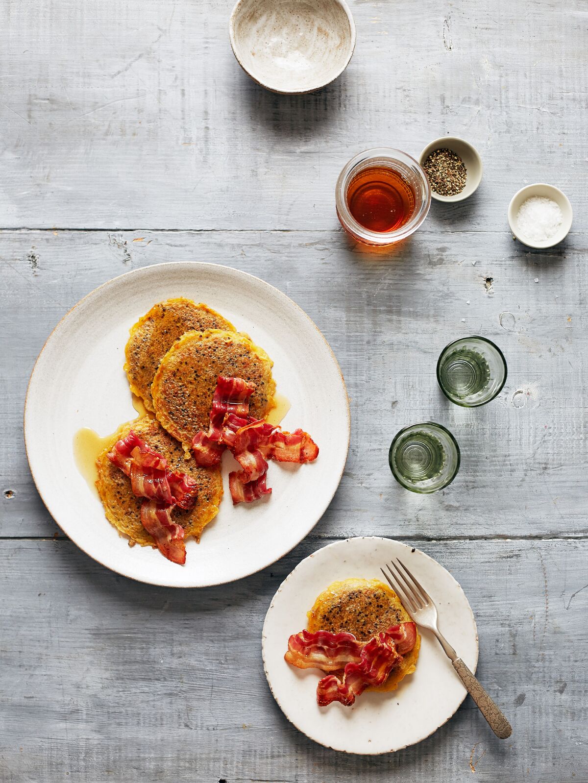 Quinoa Pancakes with Crispy Bacon and Maple Syrup