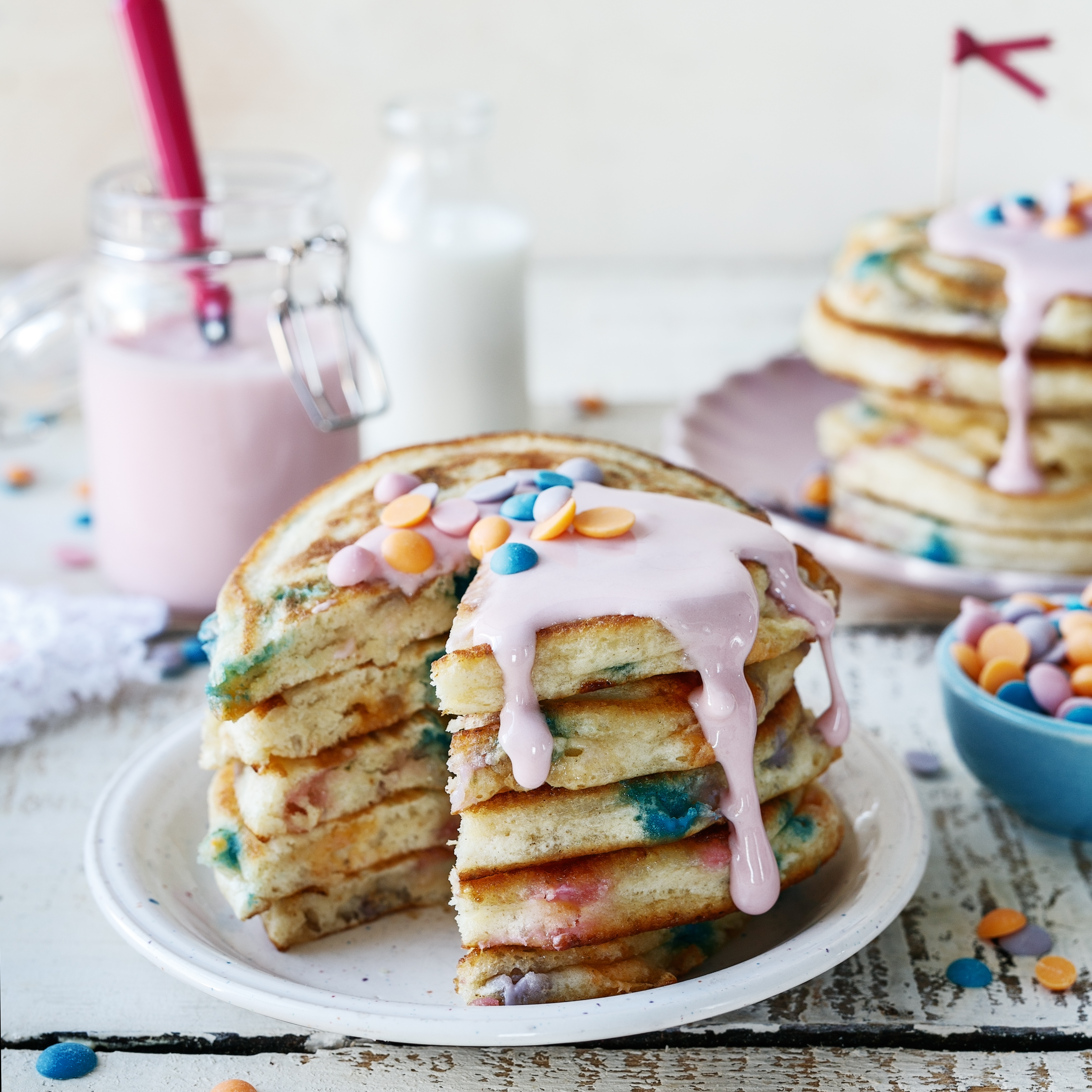 Unicorn Chip Pancakes with Marshmallow Sauce