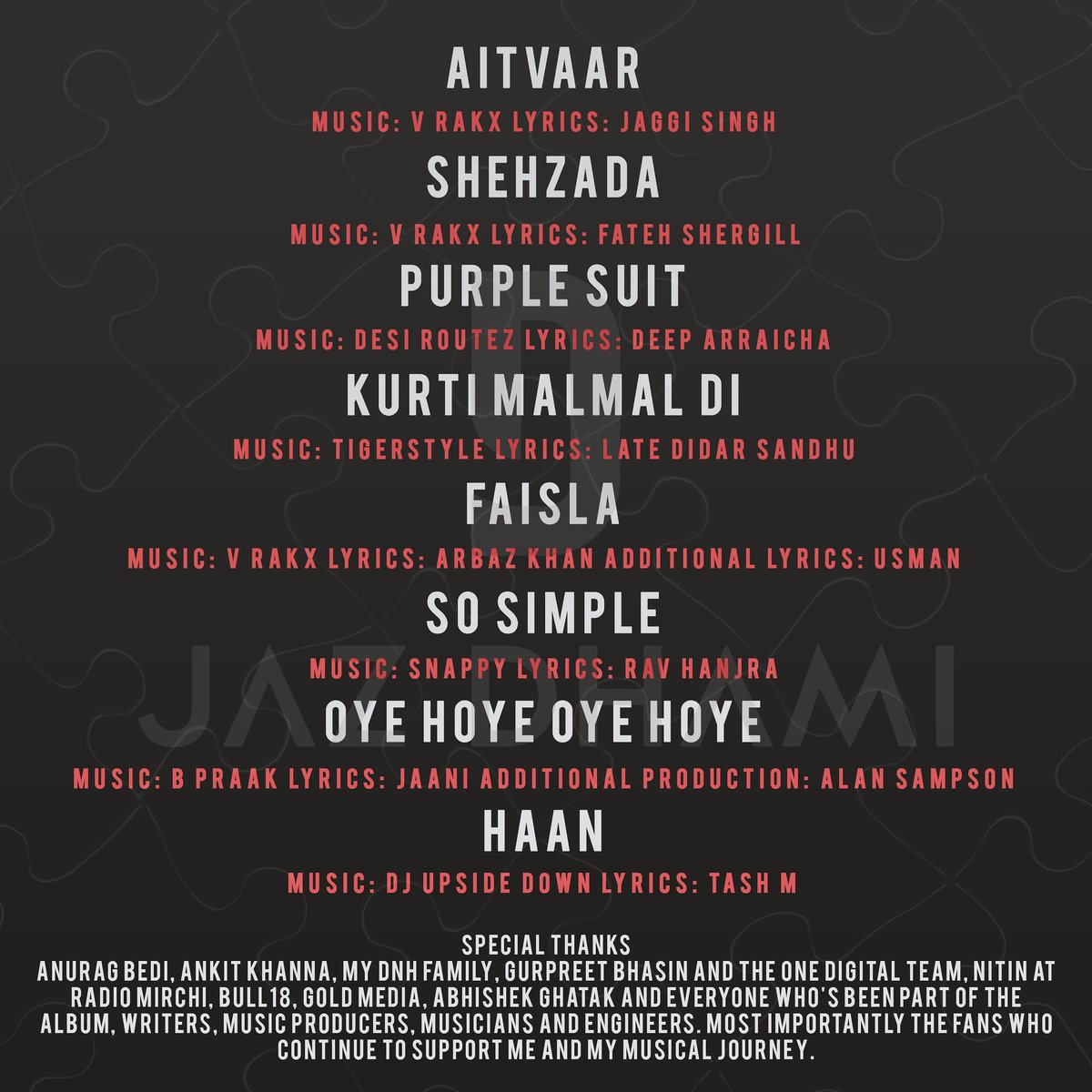 Jaz Dhami 'pieces of me' track list