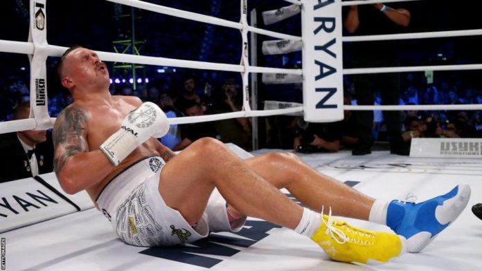 Oleksandr Usyk hit the canvas in round five claiming he had been hit with a low blow by Daniel Dubois