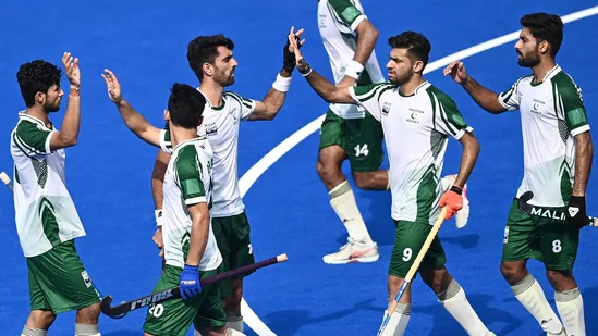 Pakistan's players celebrate after scoring a goal during the Asian Champions Trophy 2023 hockey tournament match against China(AFP)